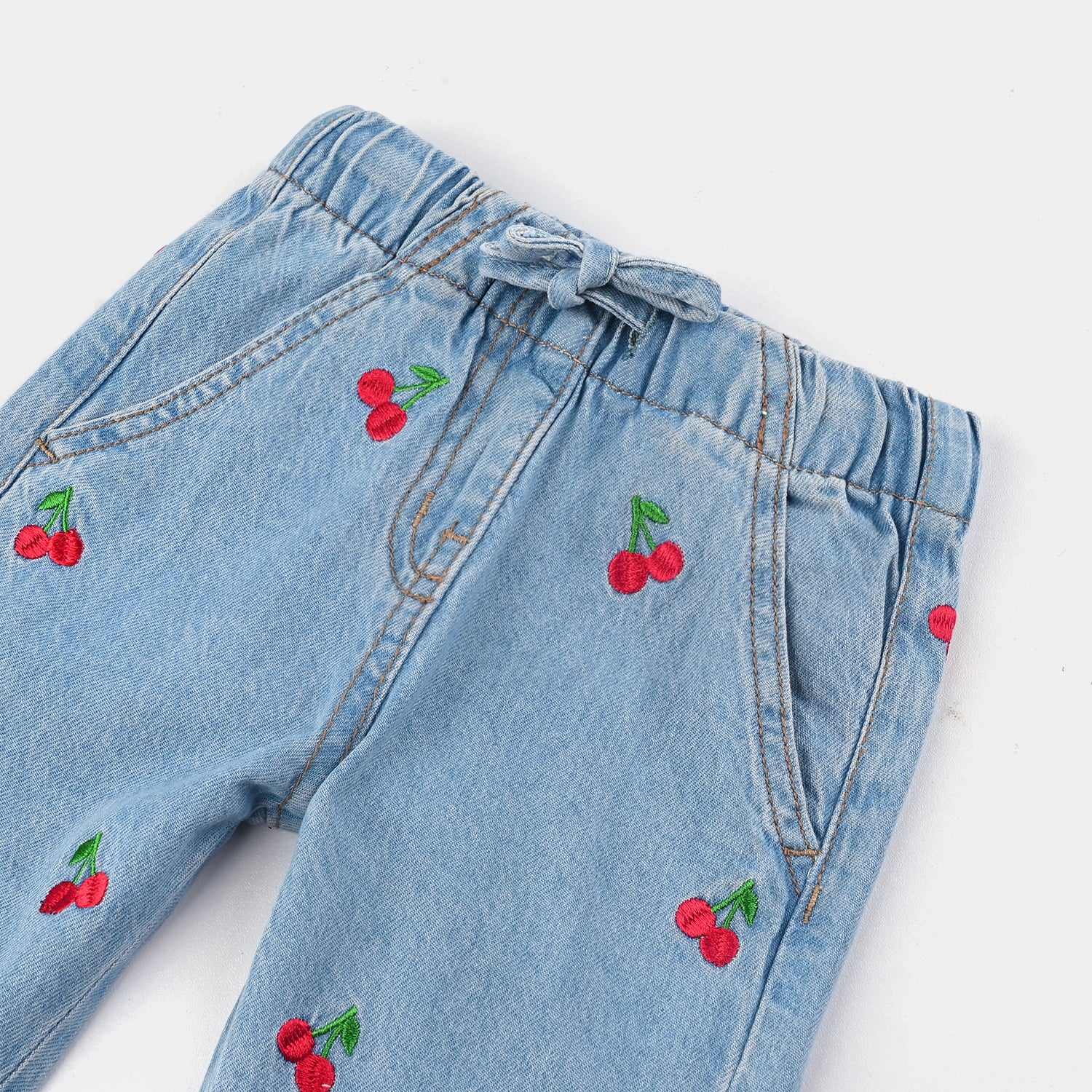 Infant Girls Denim Stretch Pant Cherry Emb-Light .Blue - Image 2