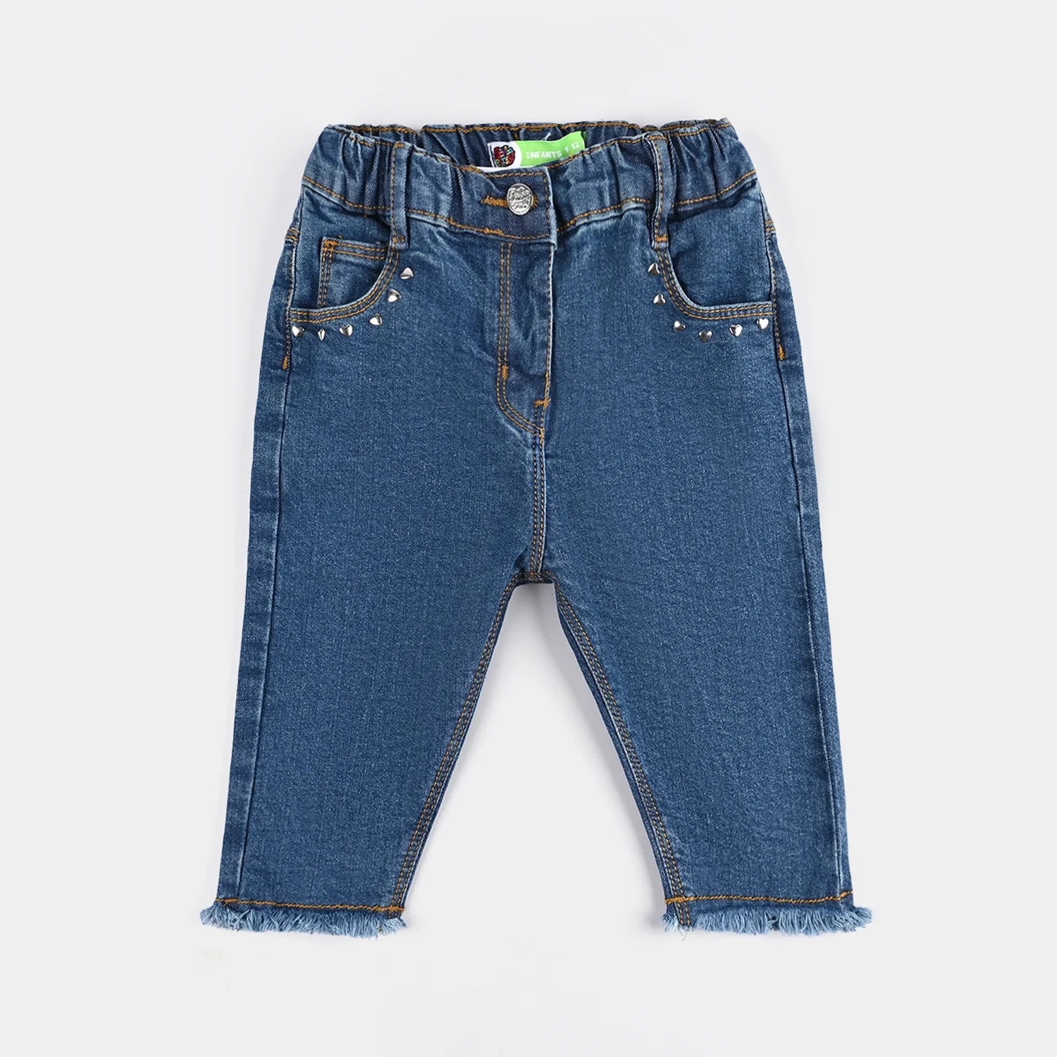 Infant Girls Denim Stretch Pant Heart Shape Studs-DARK BLUE