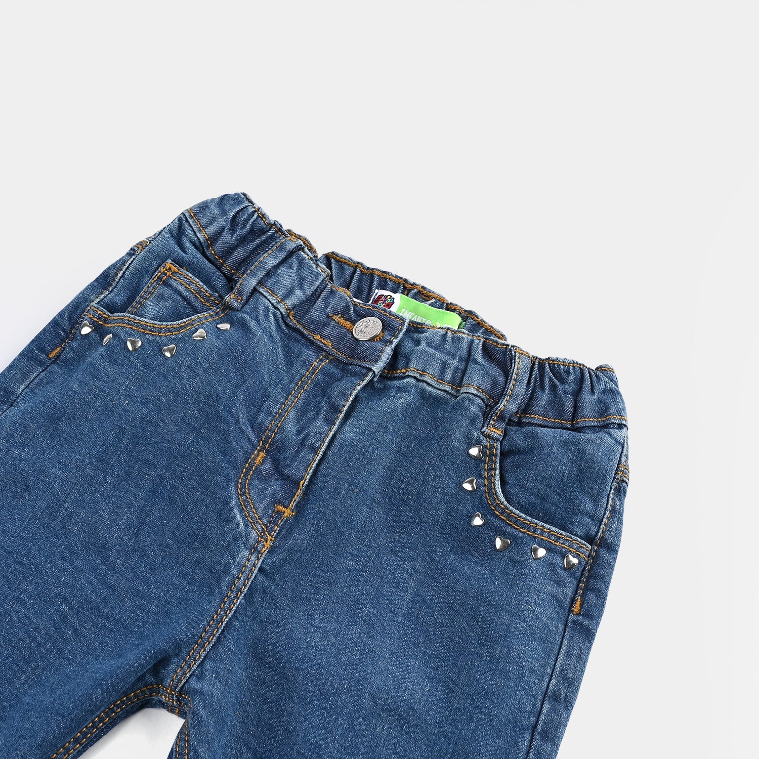 Infant Girls Denim Stretch Pant Heart Shape Studs-DARK BLUE - Image 2