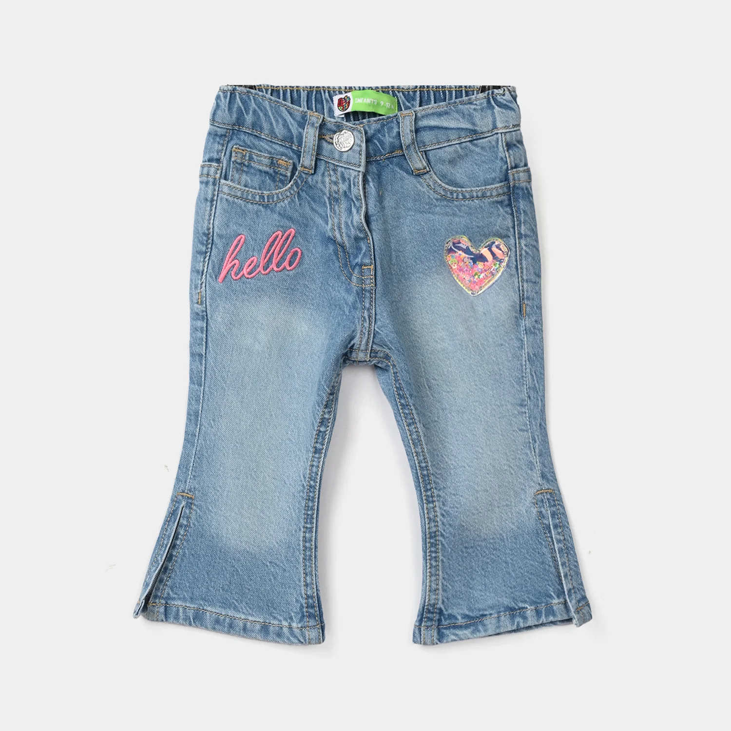 Infant Girls Denim Stretch Pants Shiny (Heart) - Light Blue