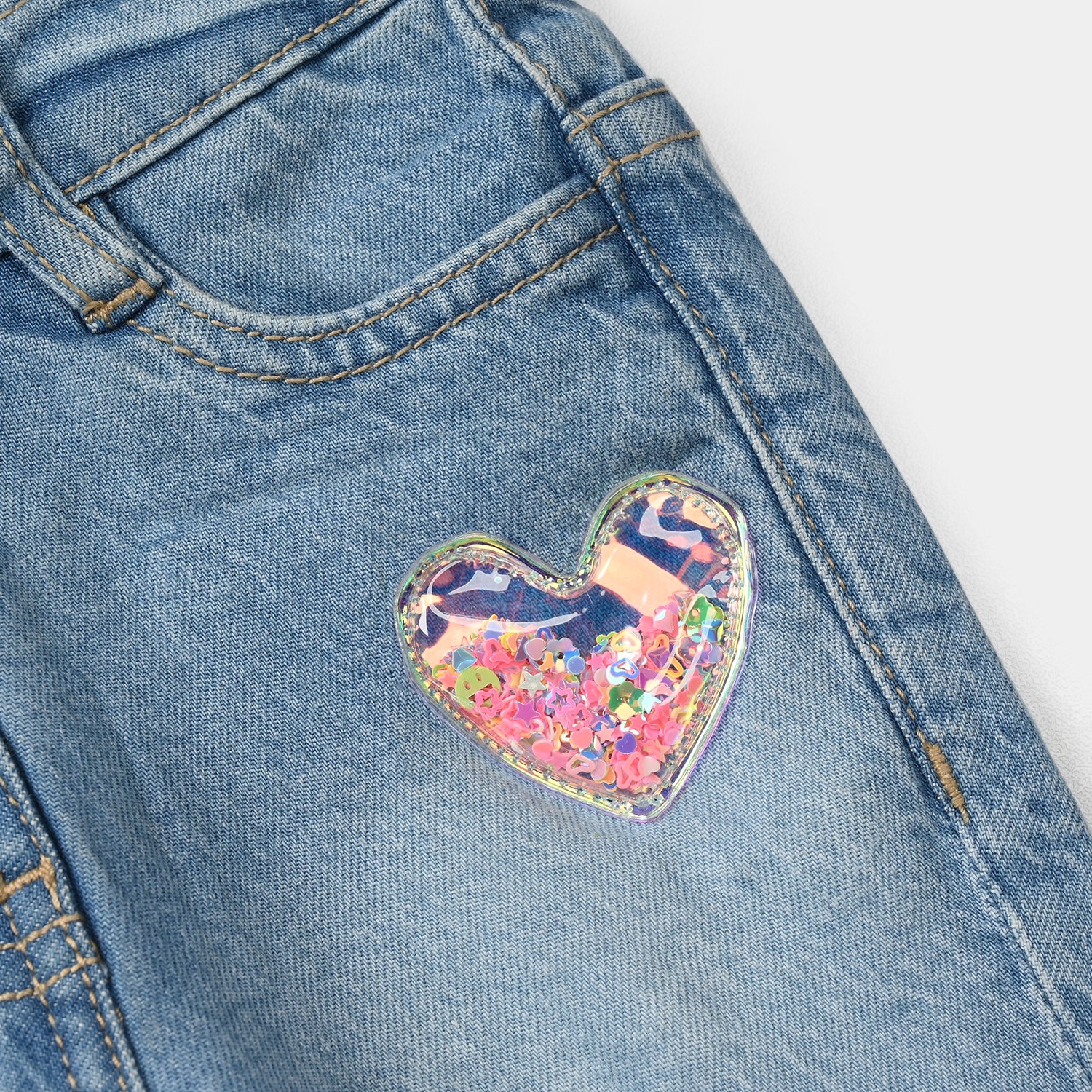 Infant Girls Denim Stretch Pants Shiny (Heart) - Light Blue - Image 2