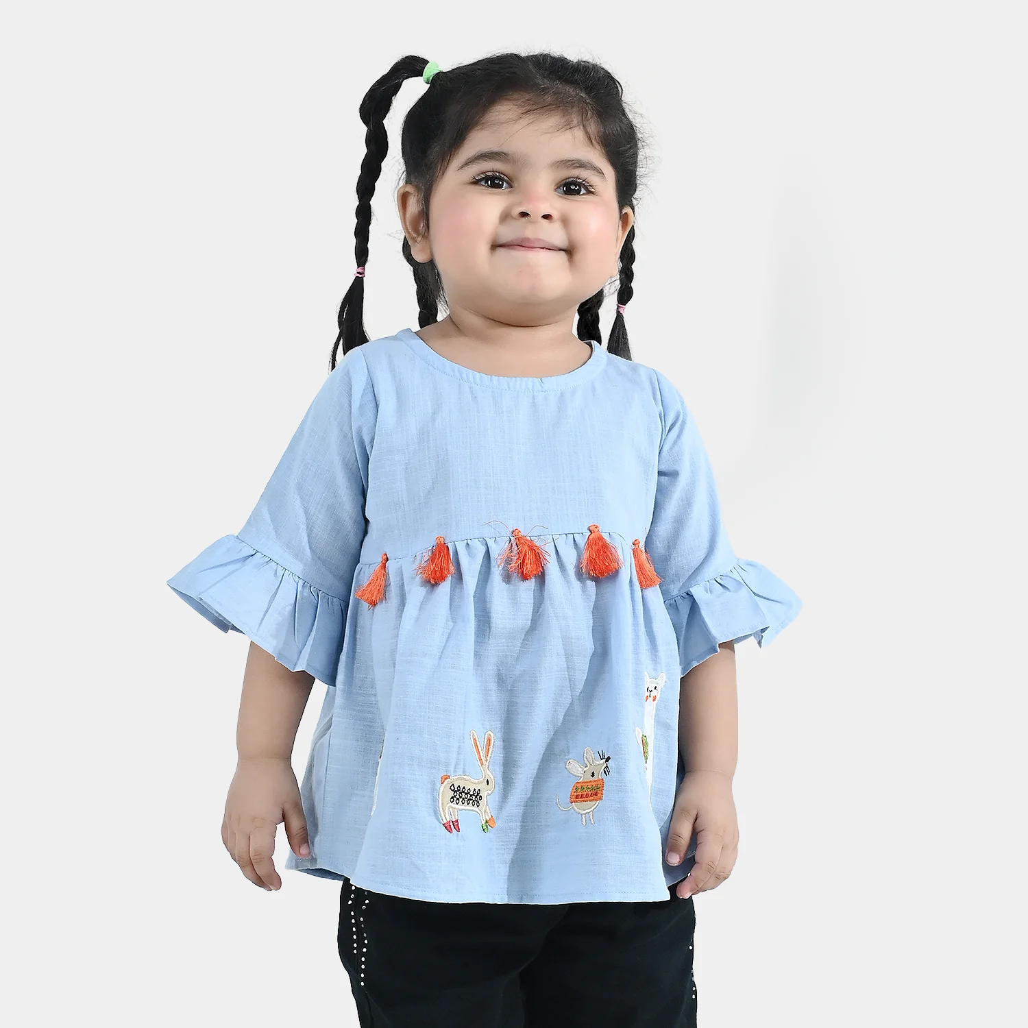 Infant Girls Embroidered Cotton Slub Top – Blue