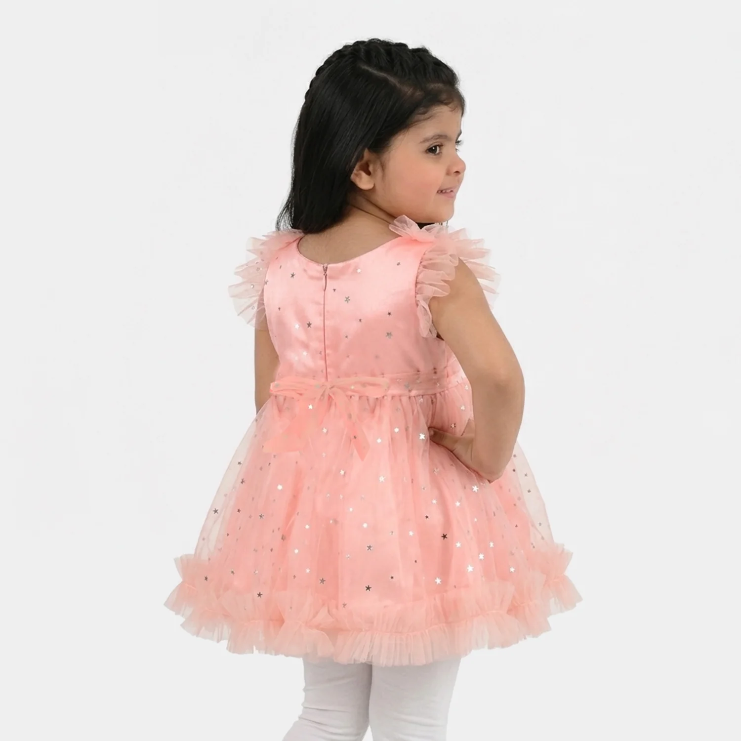 Infant Girls Net Fancy Frock (Stars) - Peach - Image 3