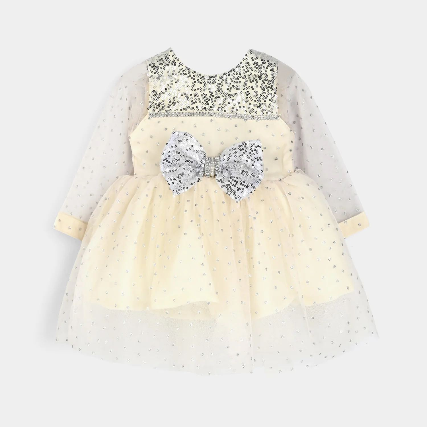 Infant Girls Organza Fancy Frock-Shimmer Polka-OFF White