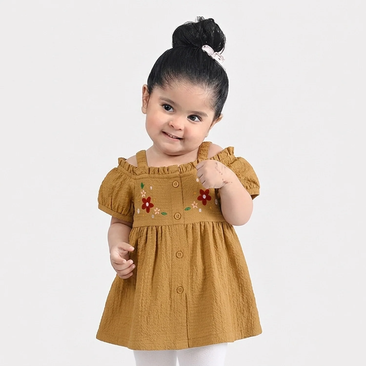 Infant Girls Poly Cambric Embroidered Top (Crochet Butterfly) - Khaki