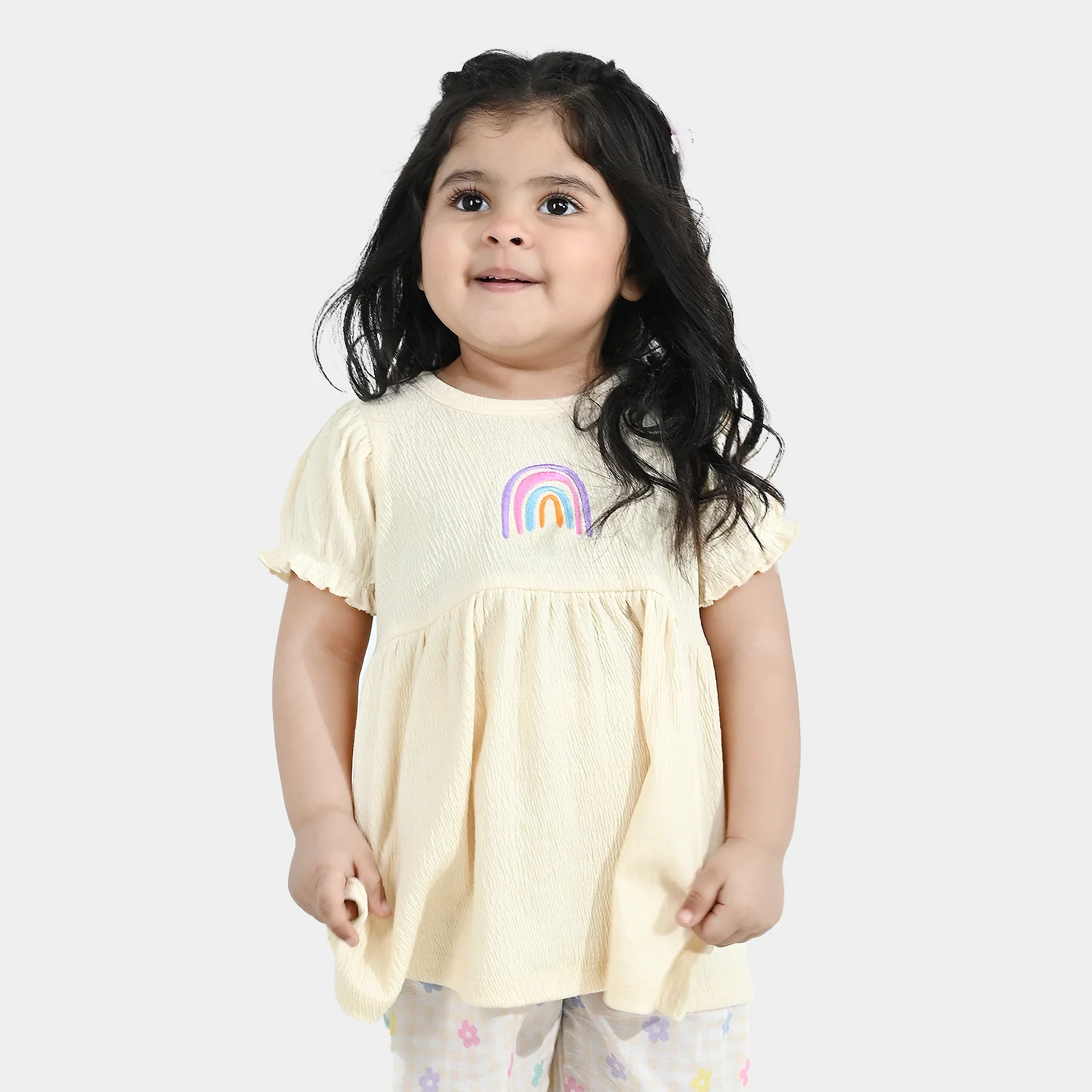 Infant Girls Poly Crinkle Knitted Frock (RAINBOW) - Yellow