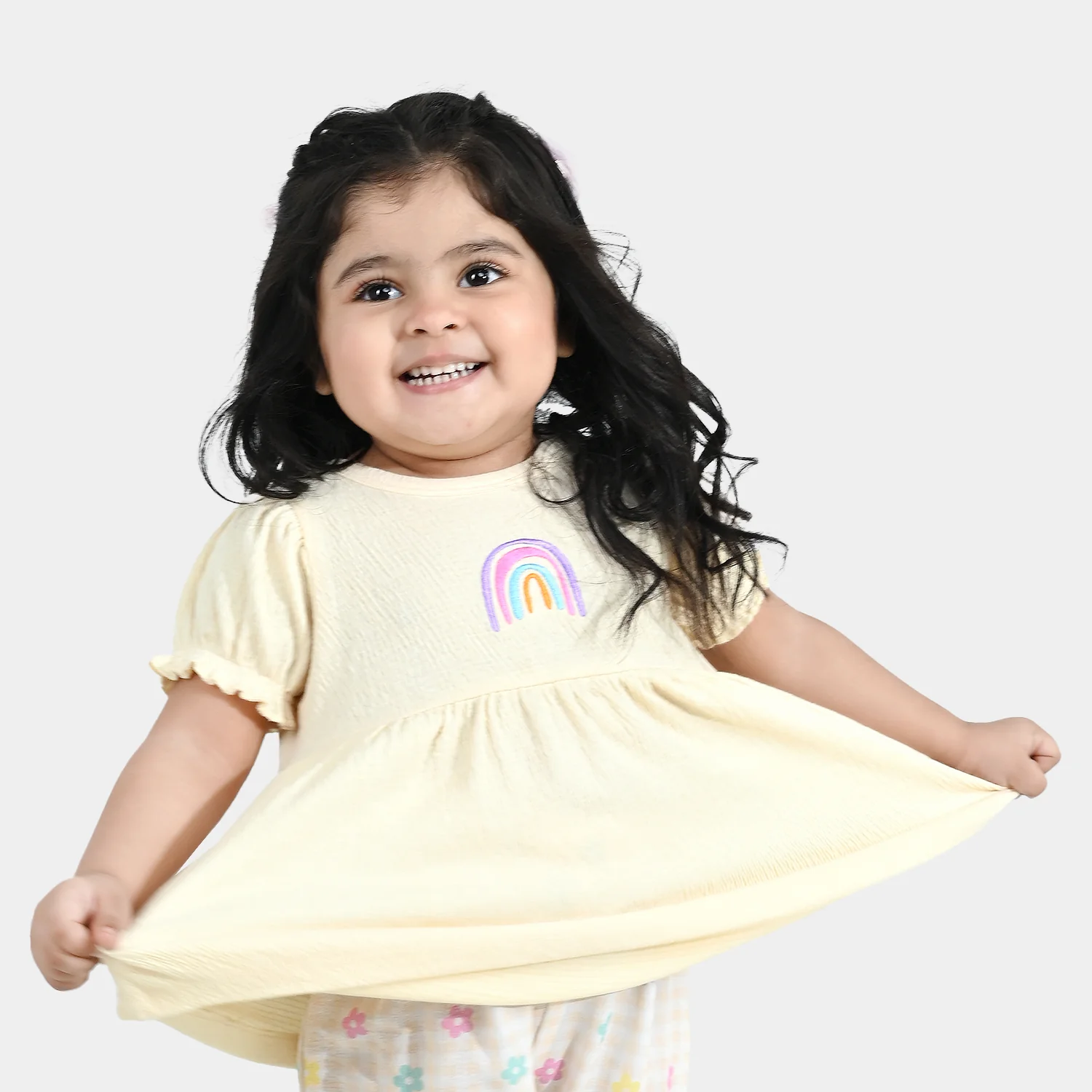 Infant Girls Poly Crinkle Knitted Frock (RAINBOW) - Yellow - Image 4