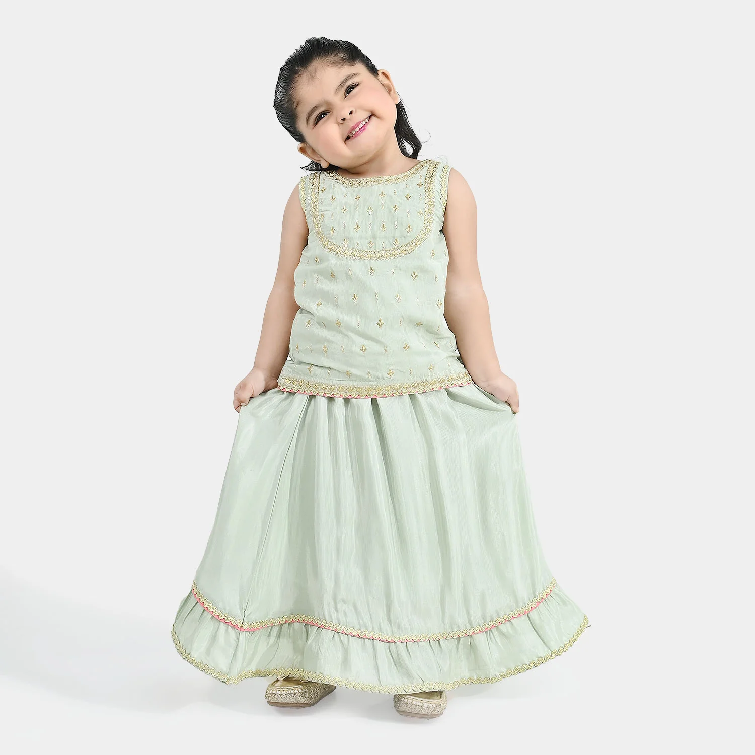 Infant Girls Raw Silk 2-Piece Set (Lace & Frill) - Green - Image 2