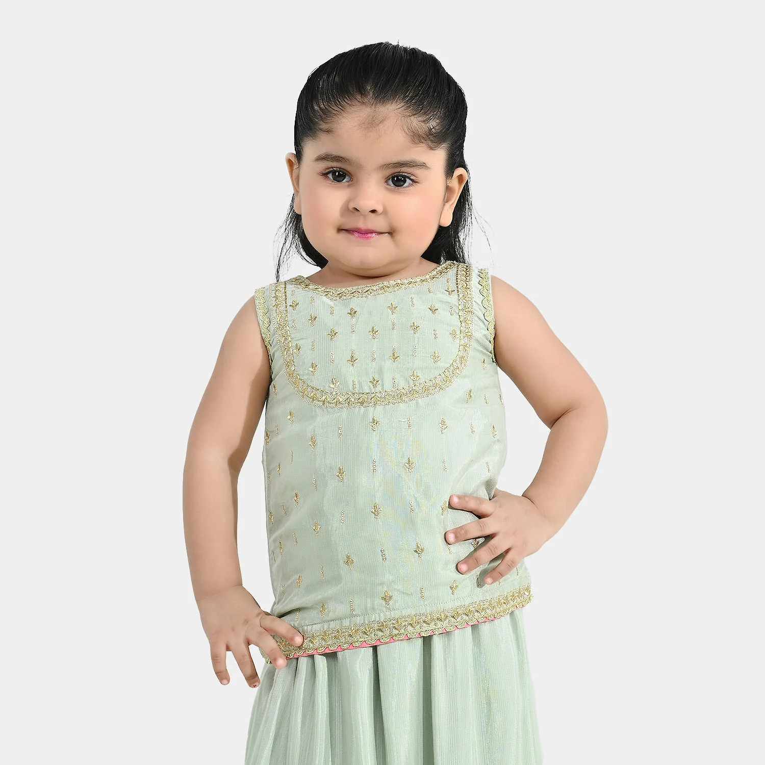 Infant Girls Raw Silk 2-Piece Set (Lace & Frill) - Green - Image 3