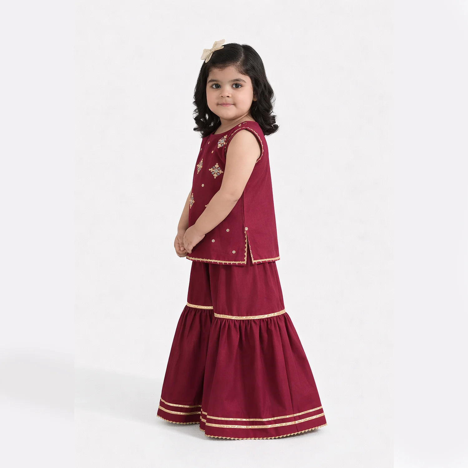 Infant Girls Raw Silk 2Pcs Chanda - Burgundy - Image 2