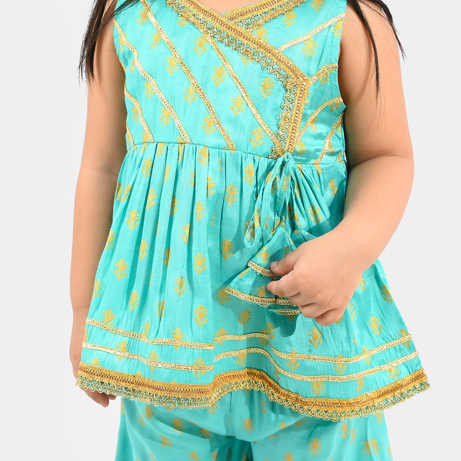 Infant Girls Raw Silk 2Pcs (Anarkha Style) - Gul Mirah/Turquoise - Image 2