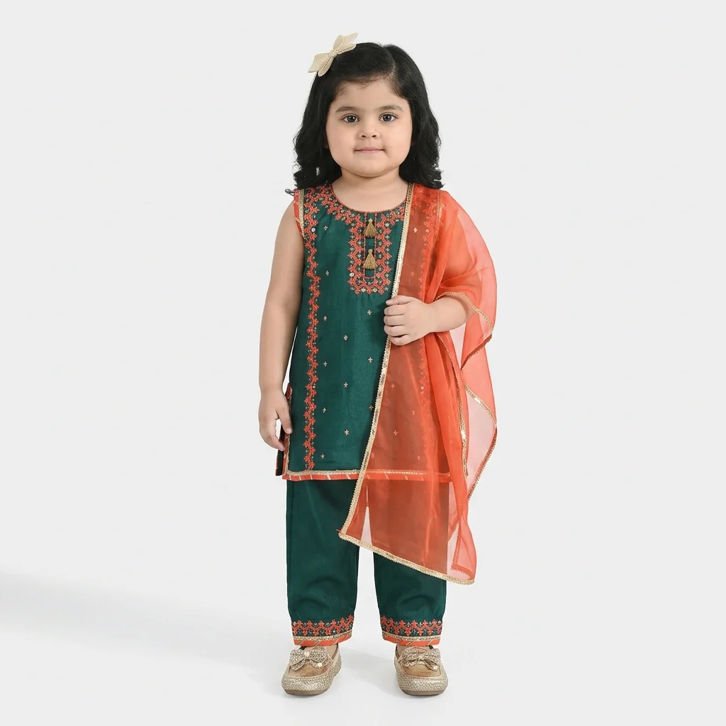 Infant Girls Raw Silk 3-Piece Set (Naqsh) - Teal Blue - Image 2