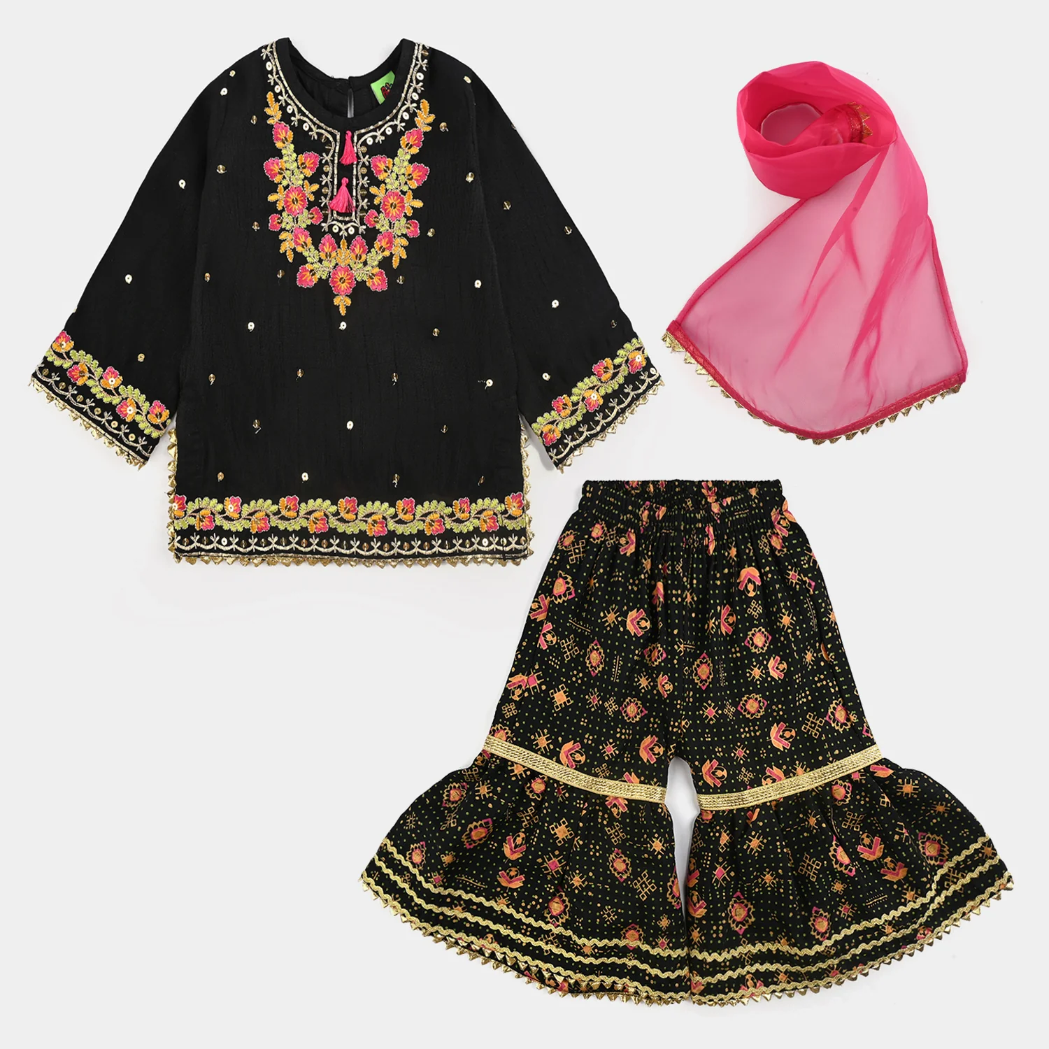 Infant Girls Raw Silk Fancy 3Pcs - Black