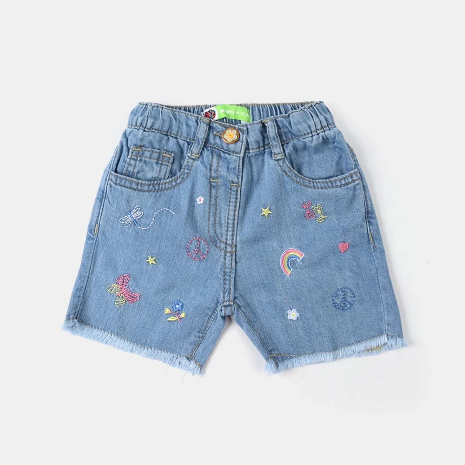 Infant Girls Embroidered Denim Stretch Shorts - Light Blue