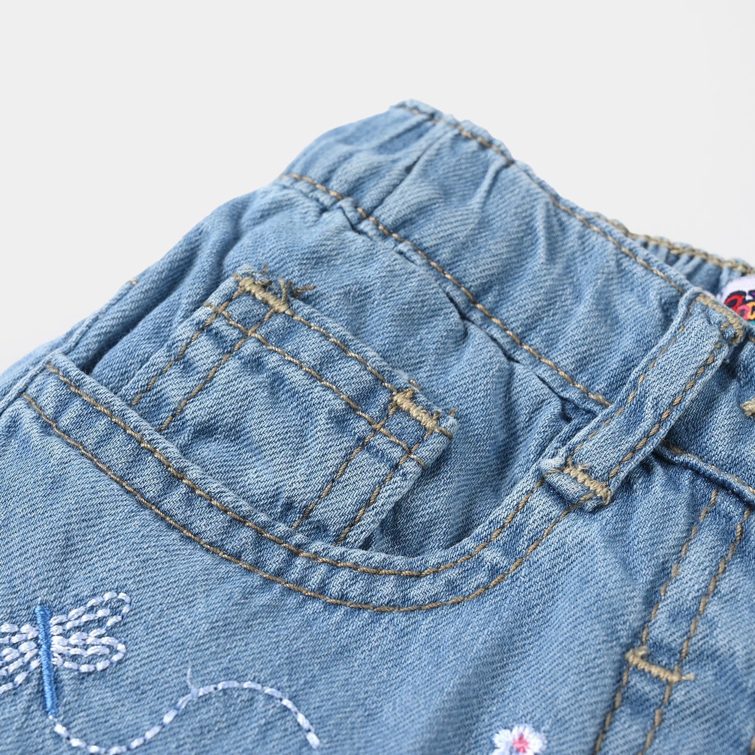 Infant Girls Embroidered Denim Stretch Shorts - Light Blue - Image 2