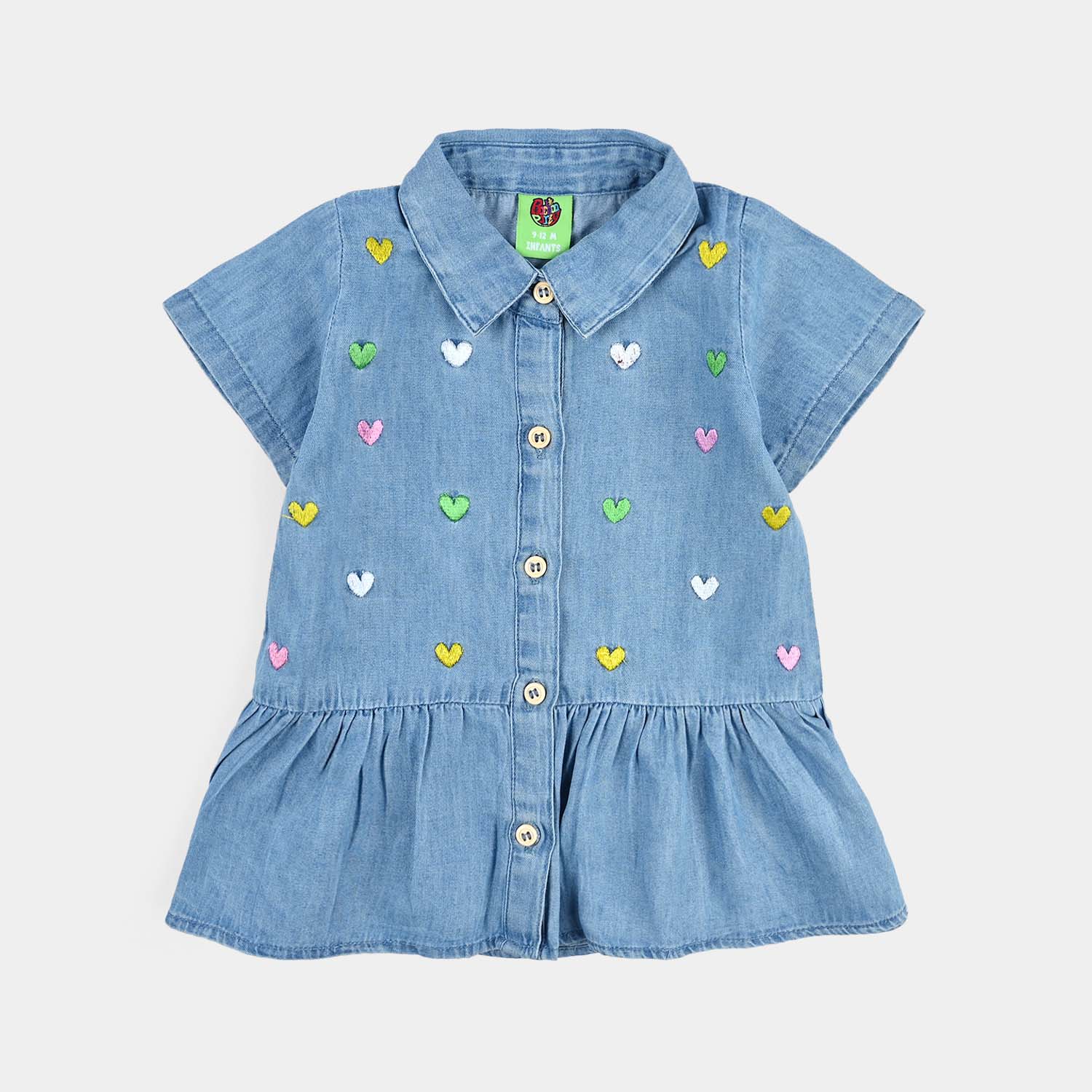 Infant Girls Tencel Denim (Light Denim) Emb Top Hearts-Blue