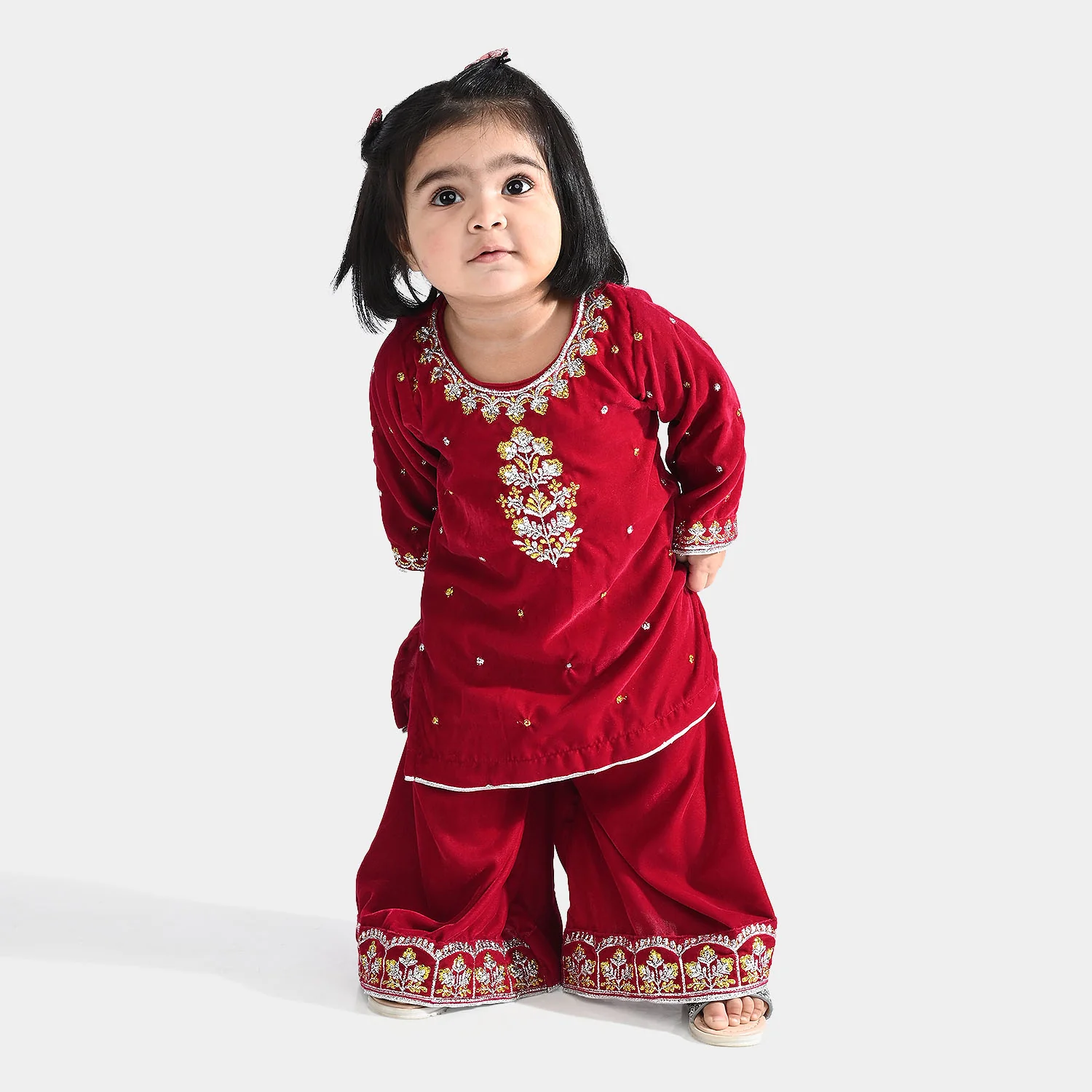 Infant Girls Velvet Fancy Suit Glitter-Magenta - Image 3