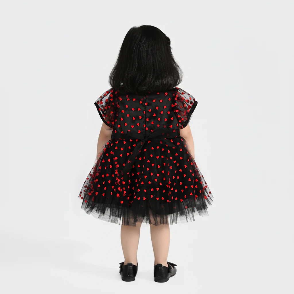 Infant Girls Velvet Fancy Frock-Heart-Red - Image 3