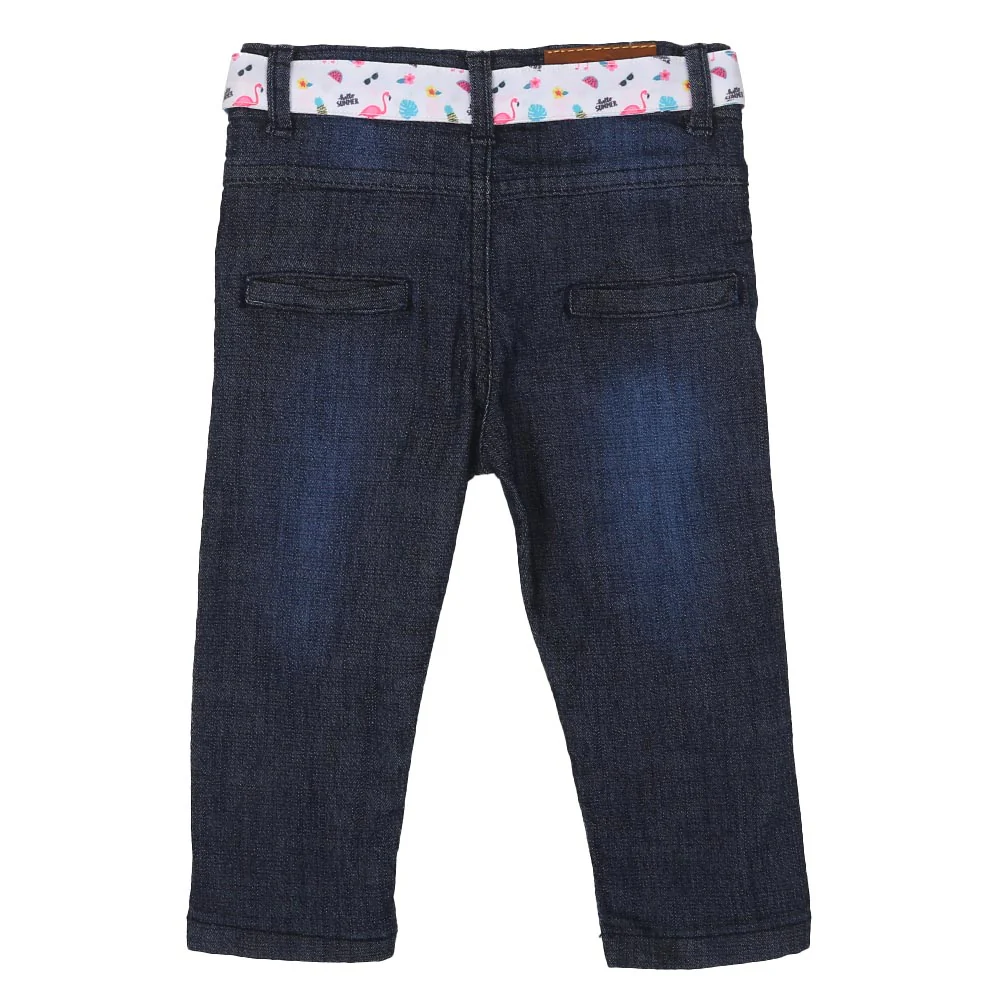Infants Girls Pant Denim Printed Belt-Navy Blue - Image 3