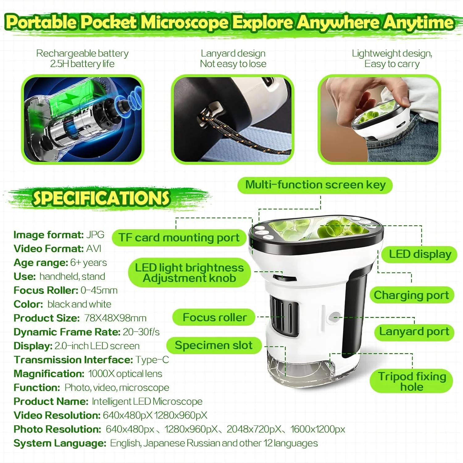 Handheld Microscope Kit for Kids, Portable Digital Microscope for Kids 200~1000X - Image 2