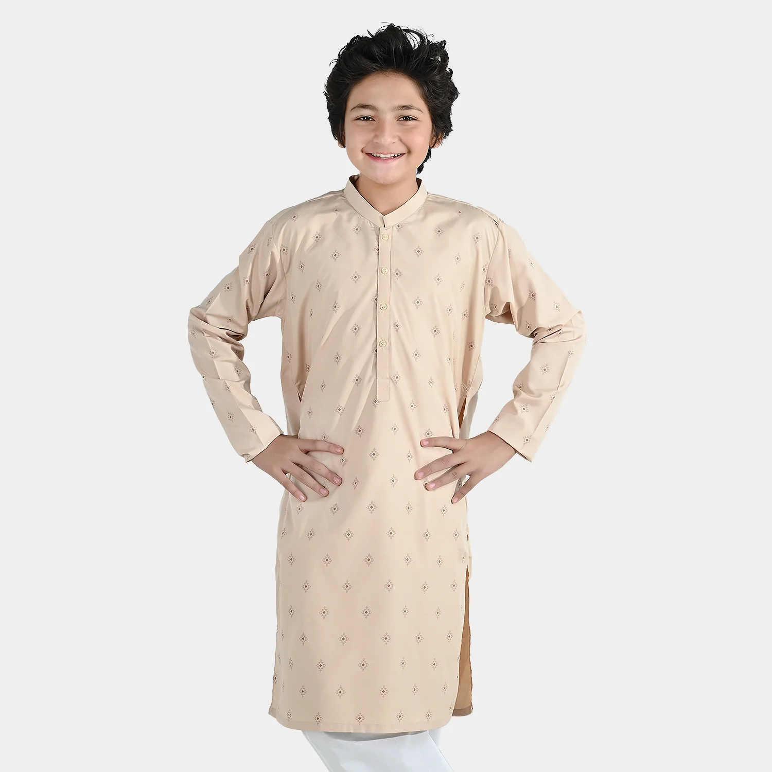 Boys Poly Viscose Printed Kurta - Beige