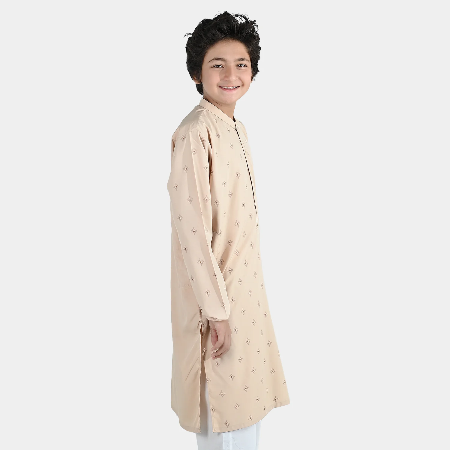 Boys Poly Viscose Printed Kurta - Beige - Image 4