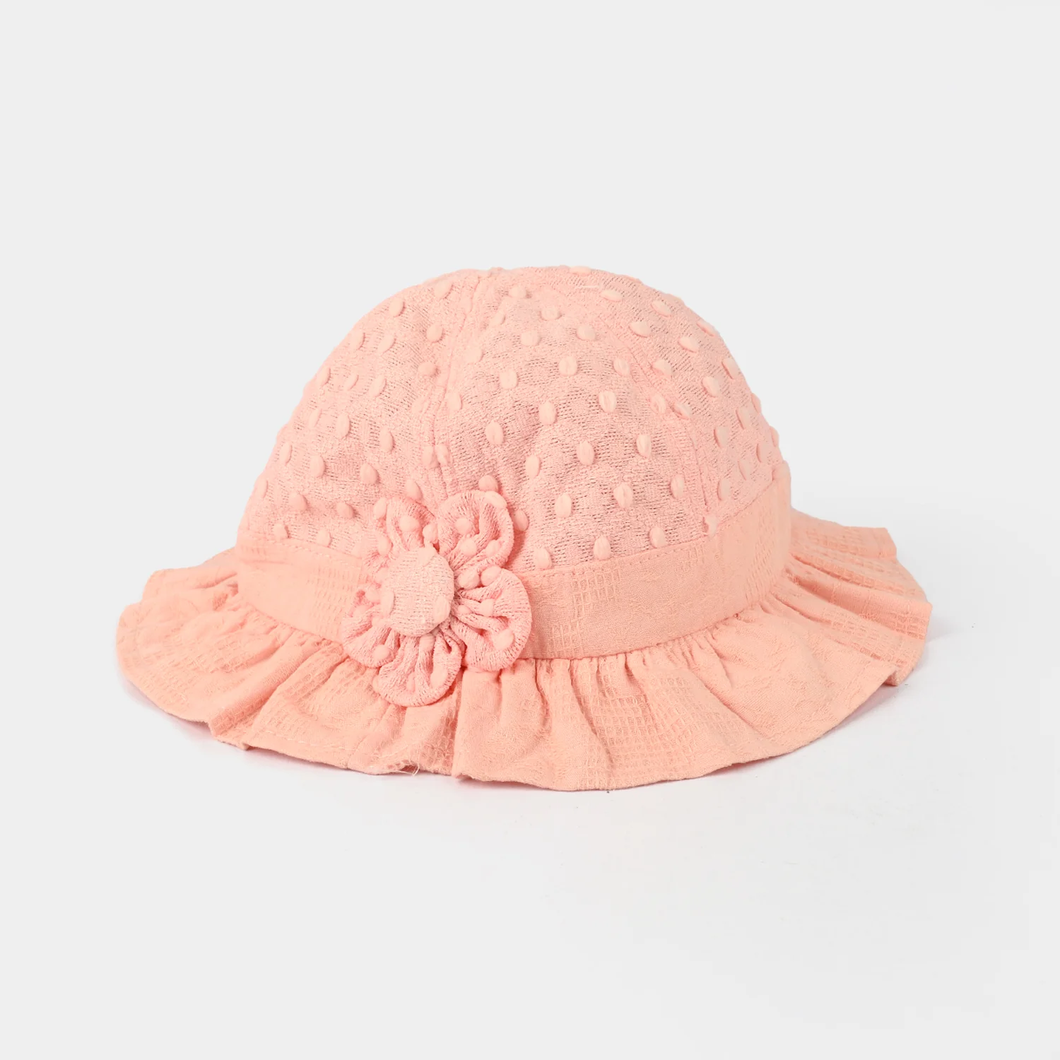 Peach Textured Baby Sun Hat with Ruffled Brim & Flower Accent