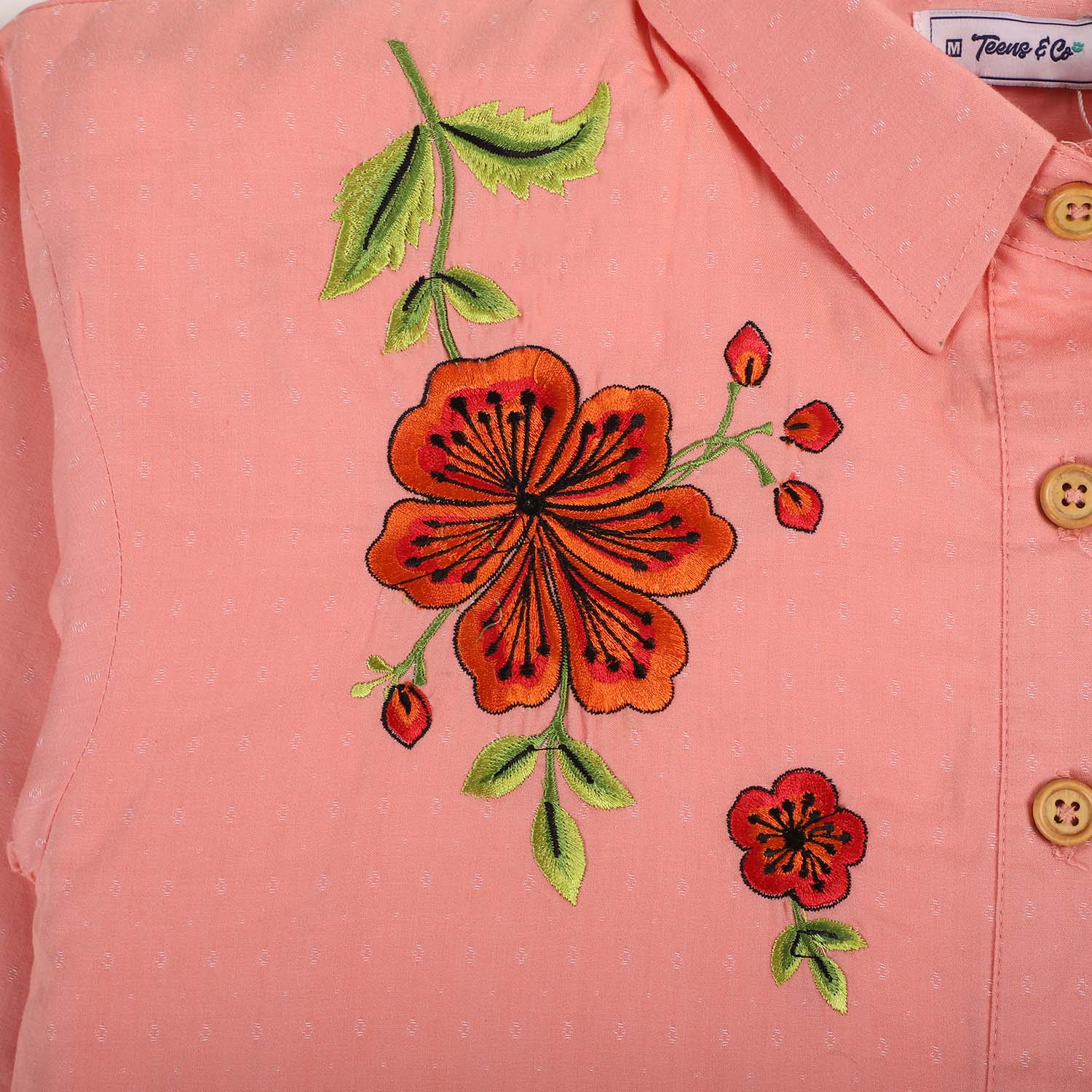 Teens Girls Cotton Embroidered Rose Top - Orange - Image 3