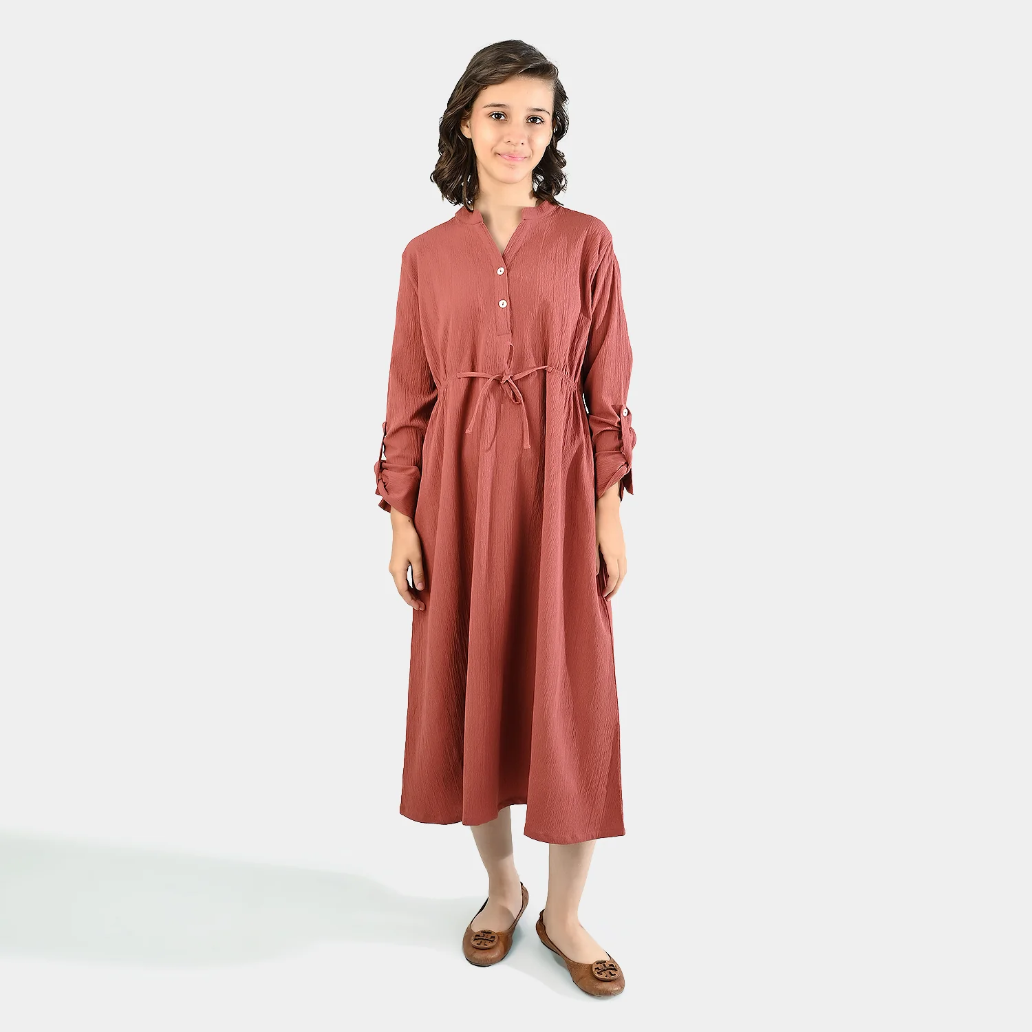 Teens Girls Cotton Long Dress Peachy Corded-Peach - Image 3