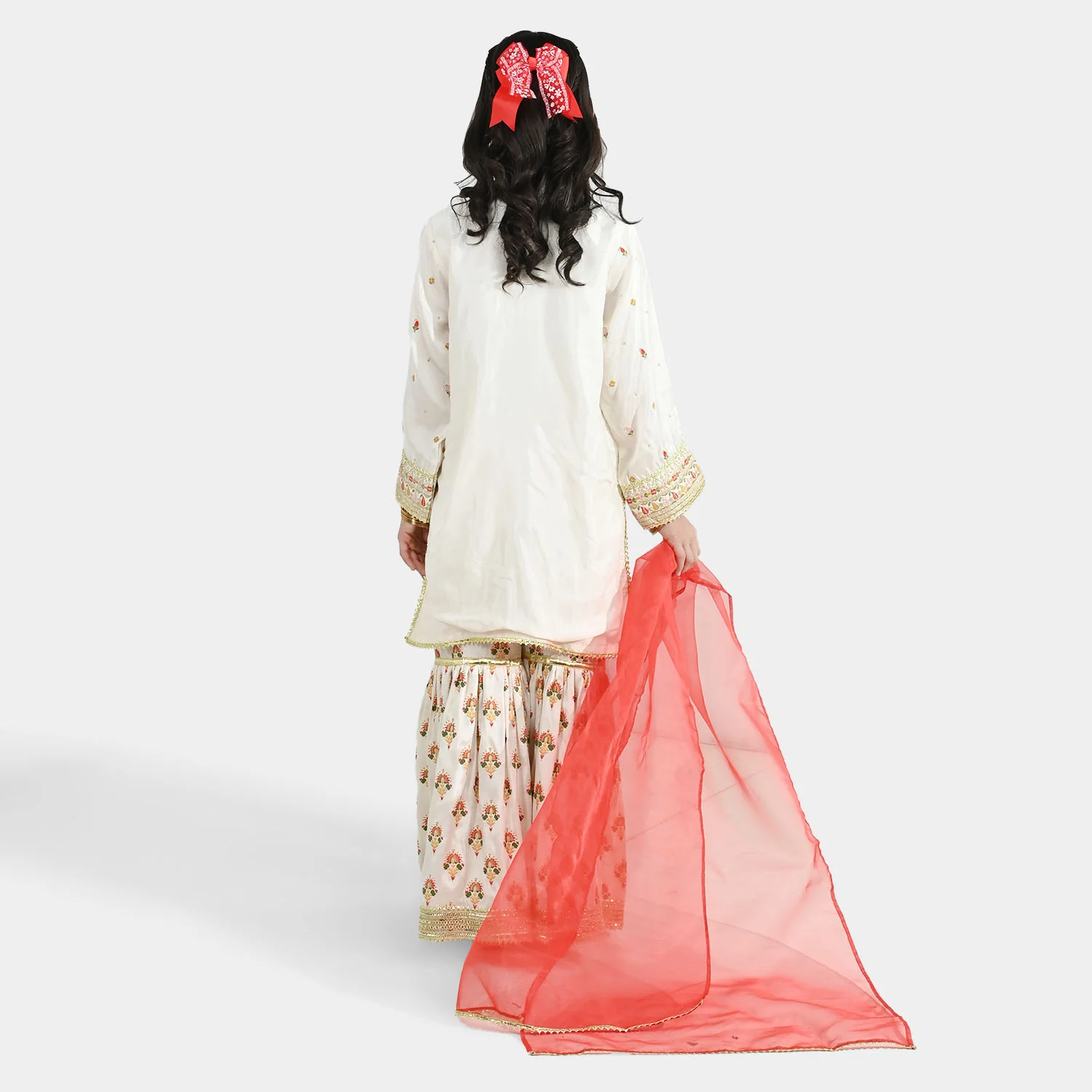 Girls Raw Silk 3-Pc Set (Mah Noor) - Off White - Image 10