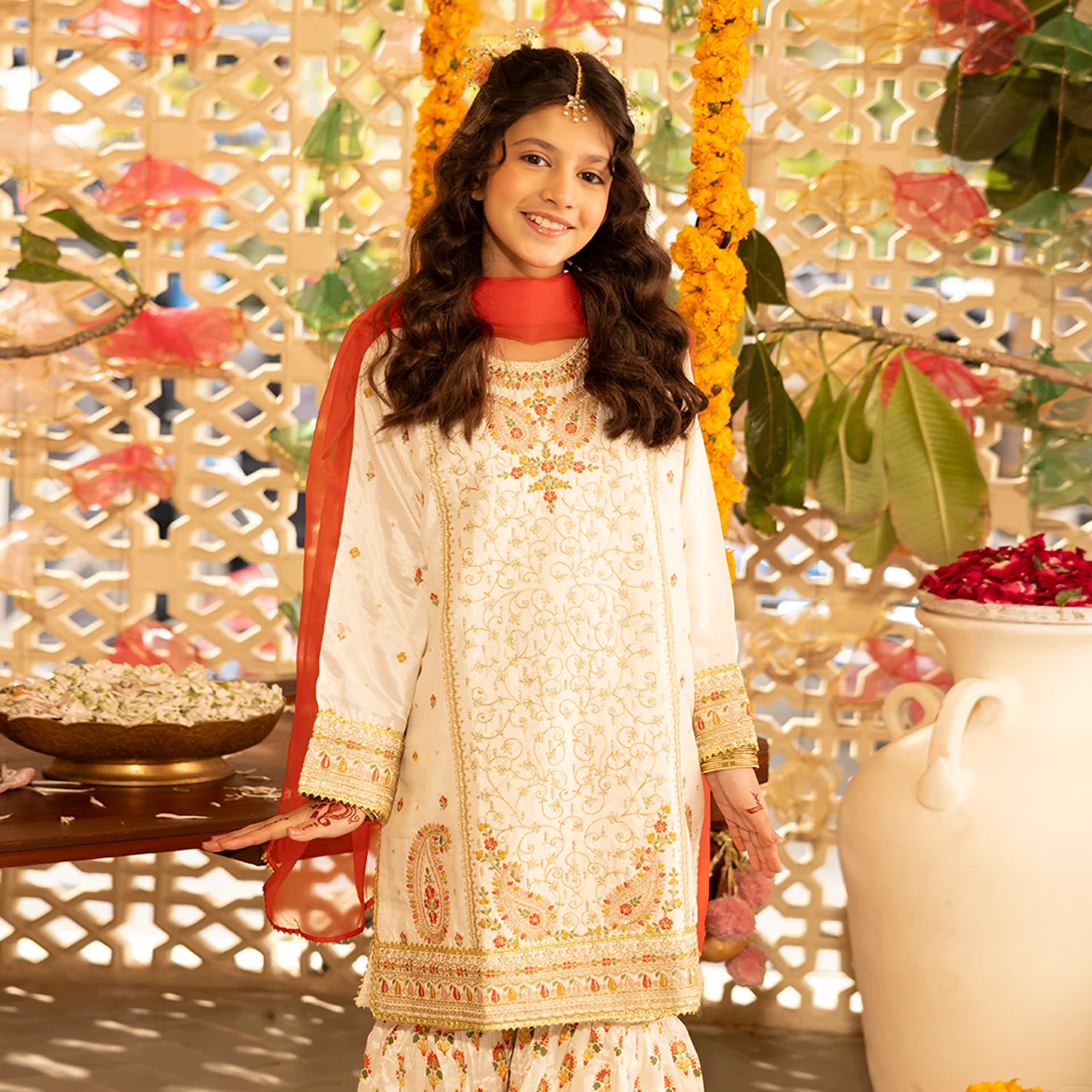 Girls Raw Silk 3-Pc Set (Mah Noor) - Off White - Image 3