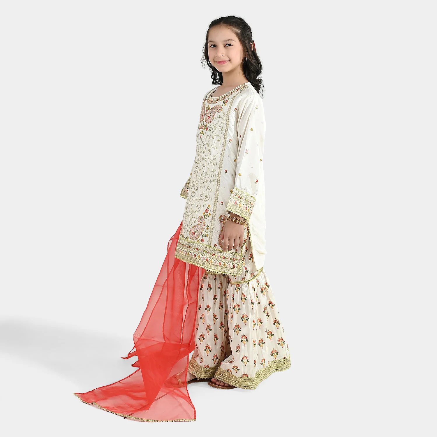 Girls Raw Silk 3-Pc Set (Mah Noor) - Off White - Image 8
