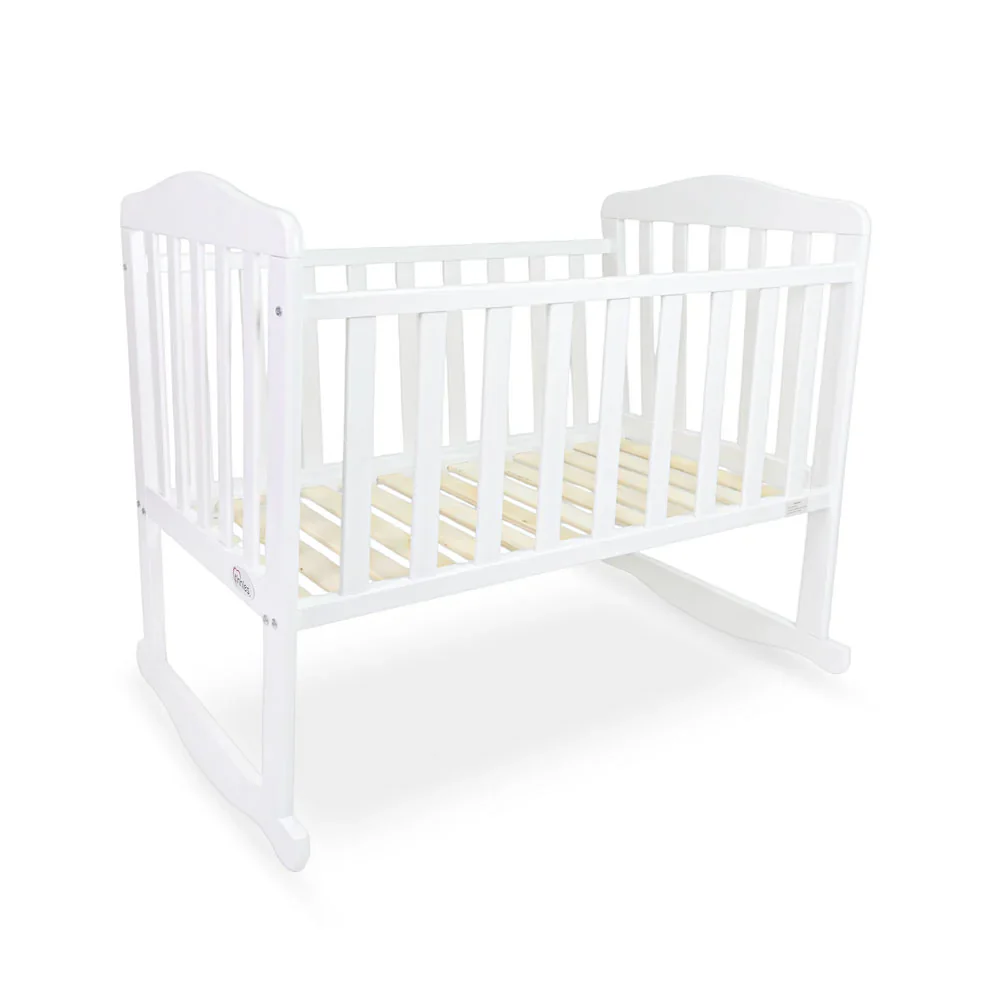 BABY WOODEN CRIB – WHITE FINISH WITH ROCKING & WHEELS