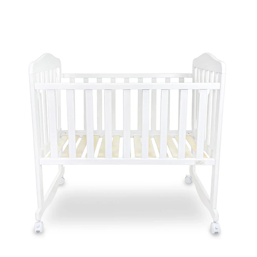 BABY WOODEN CRIB – WHITE FINISH WITH ROCKING & WHEELS - Image 2