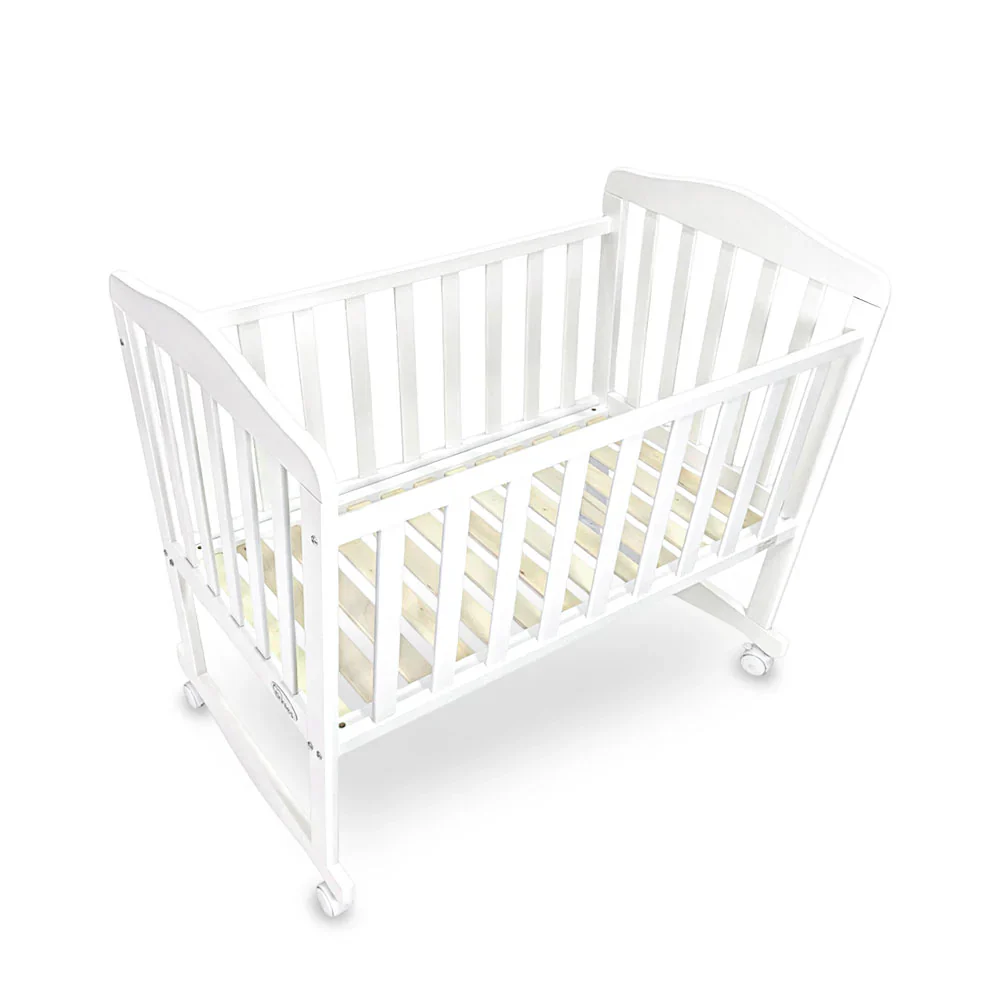 BABY WOODEN CRIB – WHITE FINISH WITH ROCKING & WHEELS - Image 3